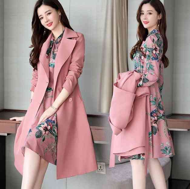 Office Wear Long Trench Coat And Knee Length Dress-2 Piece Set