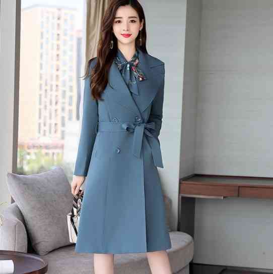 Office Wear Long Trench Coat And Knee Length Dress-2 Piece Set