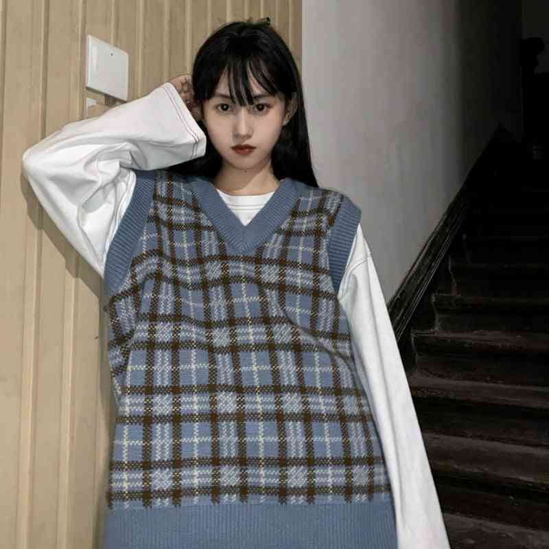 Street-wear v-hals ærmeløs sweatere studerende koreansk stil løs afslappet mode chic