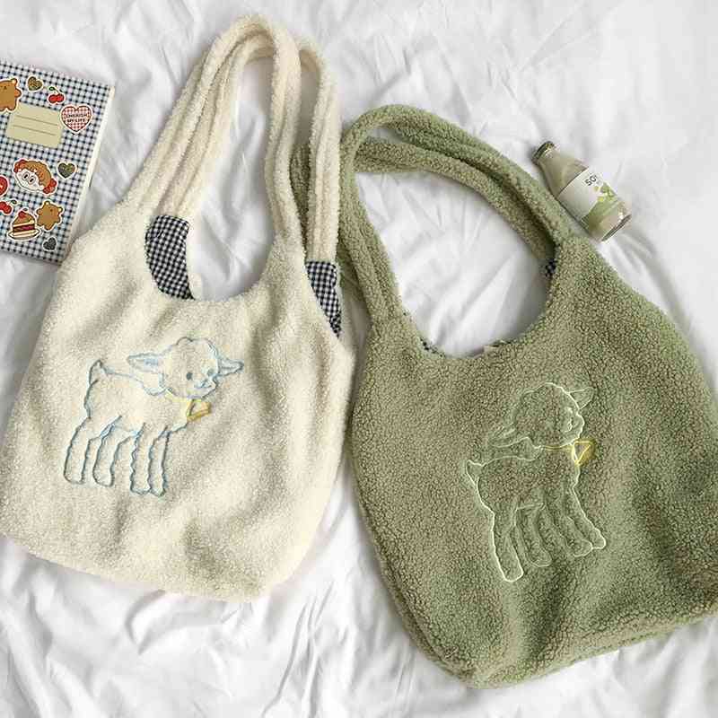 Lamb Fabric, Canvas Tote Embroidery, Shoulder Handbag