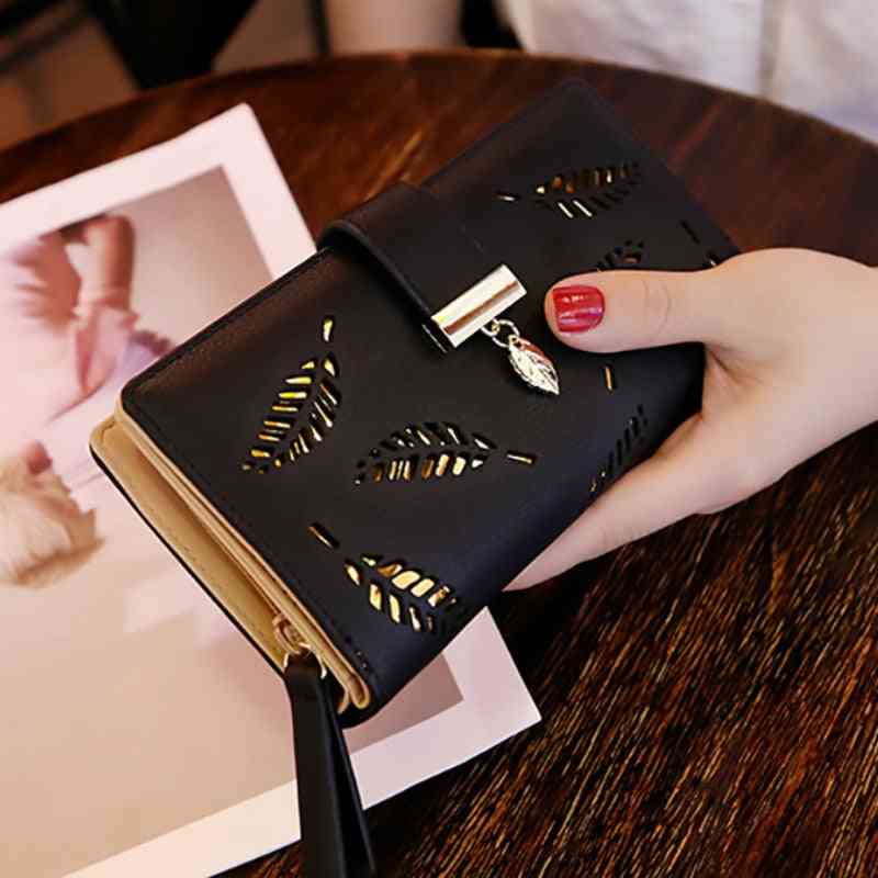 Pu Leather- Long Wallet, Gold Hollow, Leaves Pouch Handbag