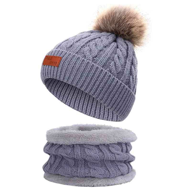 Winter Warm- Casual Cotton, Pompon Knit Hat Scarf, Soft Cap For/girls