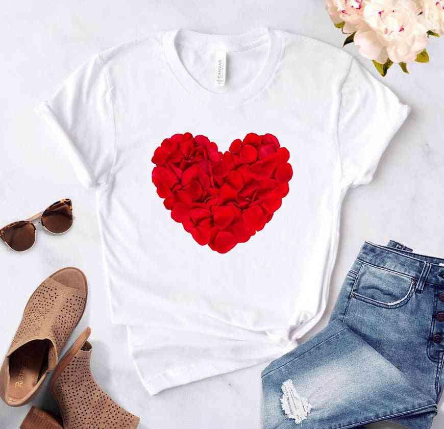 Heart Flower Print Women Basis O-collar Shirt