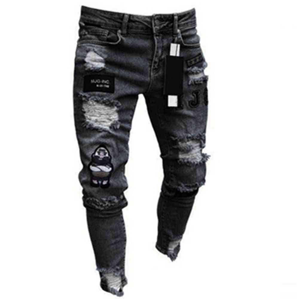 Men Stretchy Ripped Skinny, Embroidery Print Slim Fit Jeans