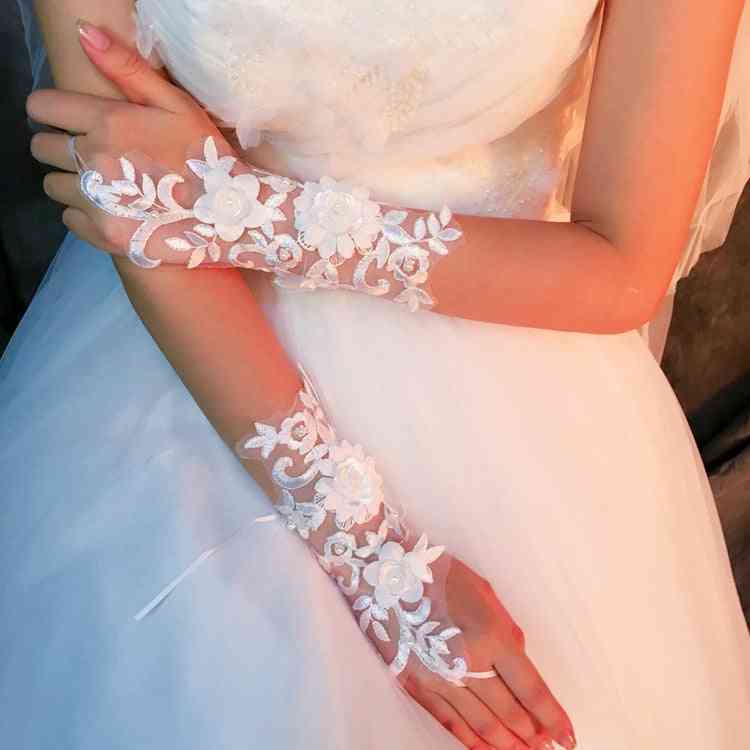 Hvide korte fingerløse, elegante perler, aftenbrude, bryllupshandsker (hvid)