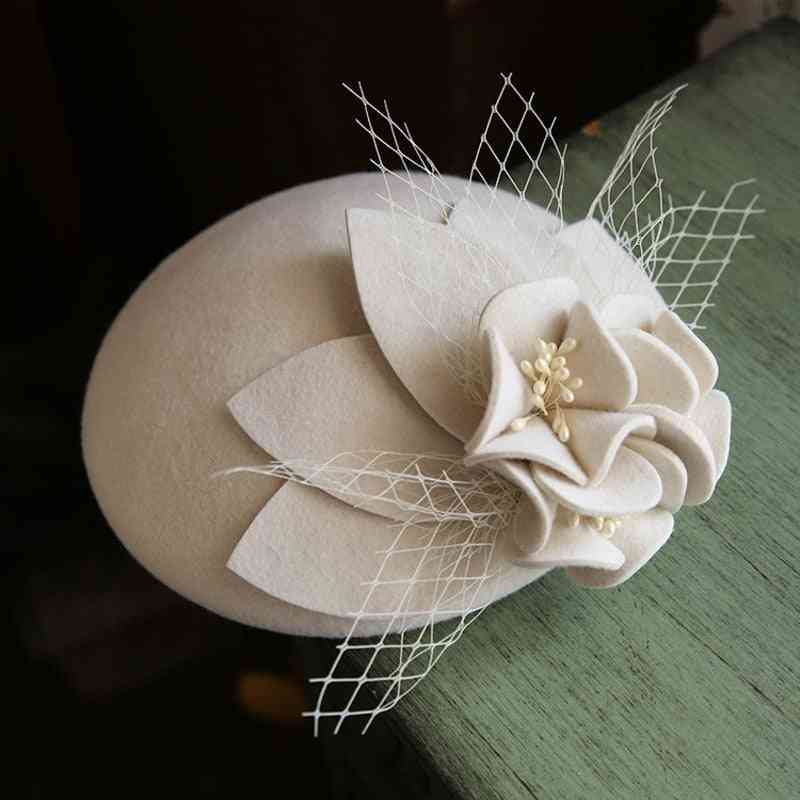 Vintage Pure Wool Fedora, Mesh Flower Headwear, Elegant Pillbox Hat