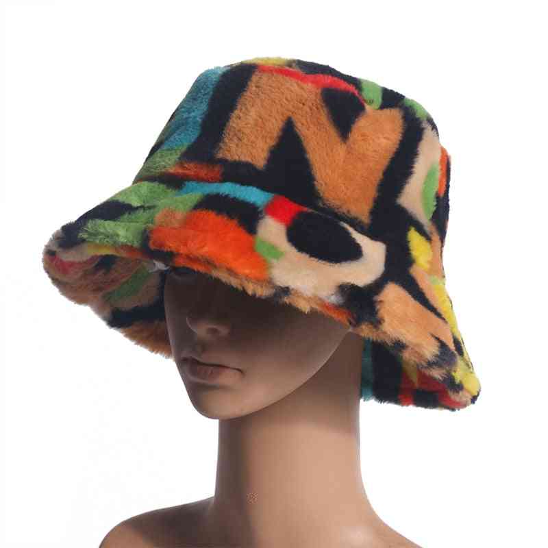 Multicolor Rainbow Faux Fur Letter Pattern Bucket Winter Warm Hats