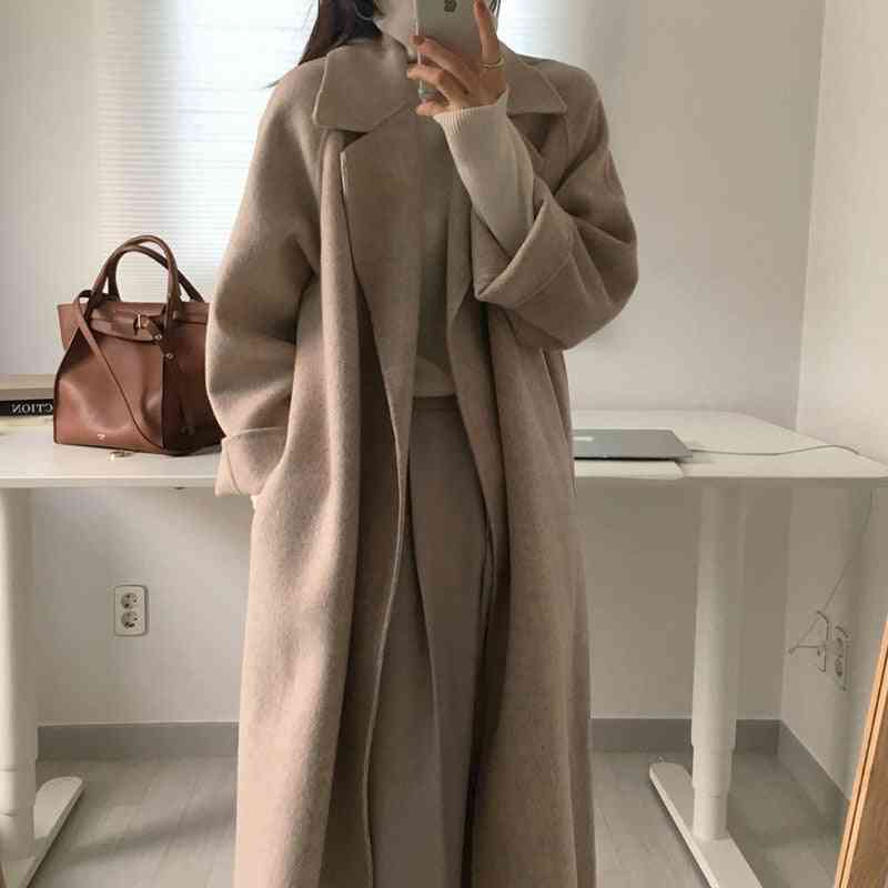 Elegant Long Wool With Belt Sleeve, Chic Outerwear, Overcoat