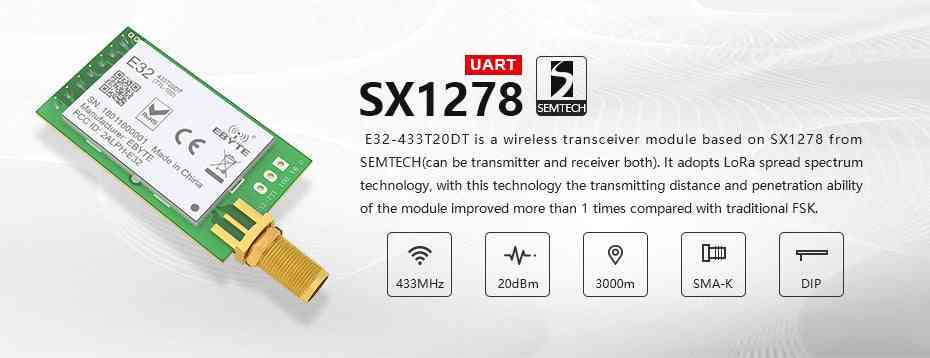 Raza lunga uart sx1278 433mhz 100mw sma, antena iot uhf e32-433t20dt, modul transceiver wireless