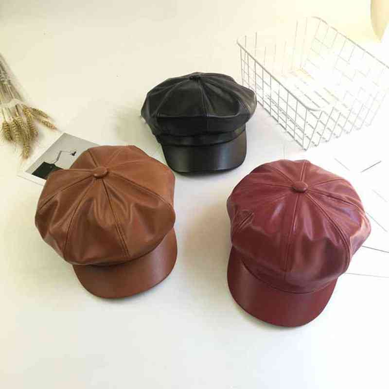 New Fashion Solid Pu Leather, Octagonal Vintage Hats/ Women