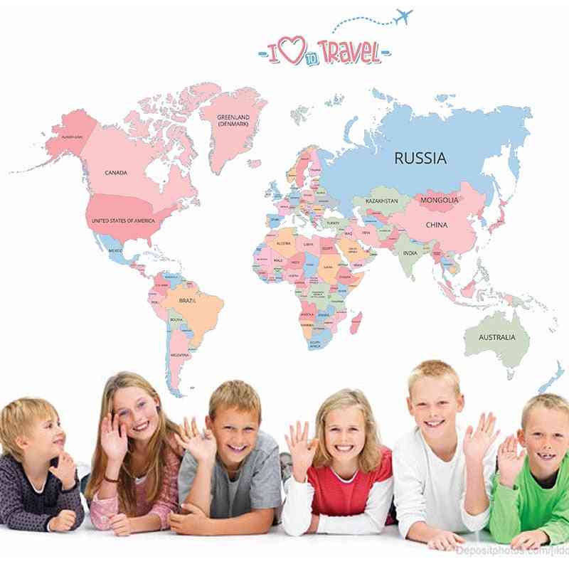 Pvc, Non-toxic And Waterproof World Map Design Wall  Stickers