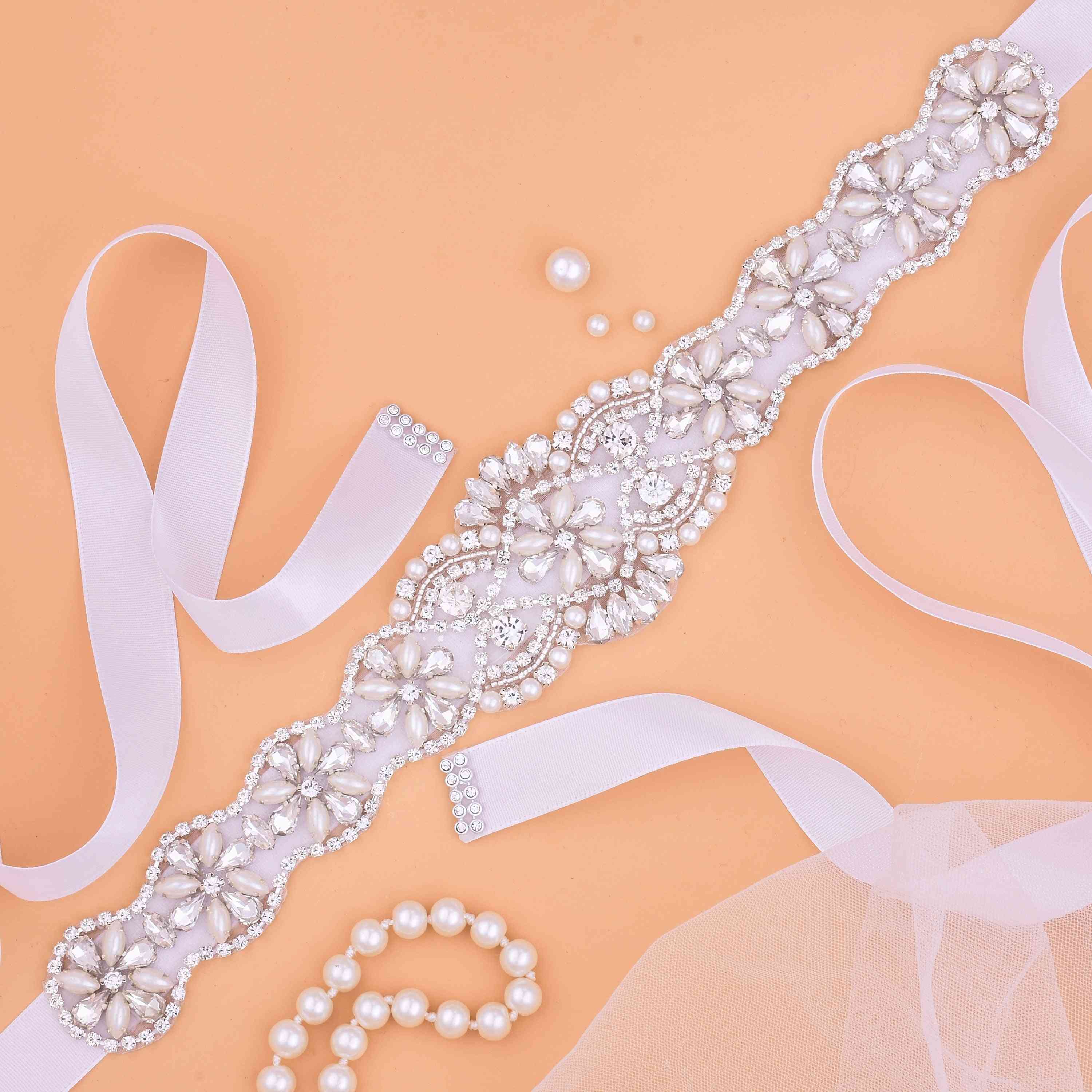 Pearls Wedding Belt, Crystal Bridal, Rhinestones Satin Sash For Dress Accessories