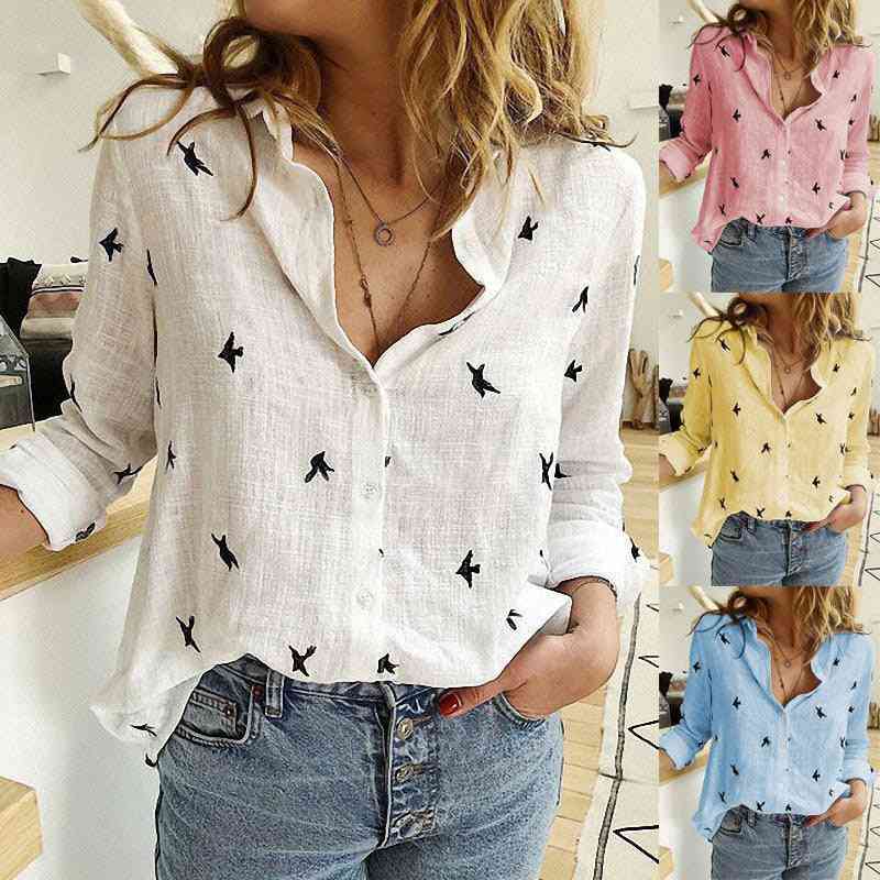 Women's Birds Print Shirts, Spring & Summer Loose Cotton Long Sleeve Tops