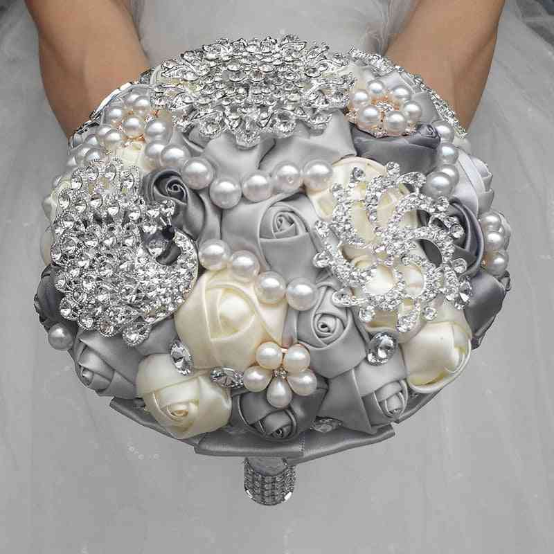 Elegant Pearls Beaded, Handmade Satin Wedding Bouquet
