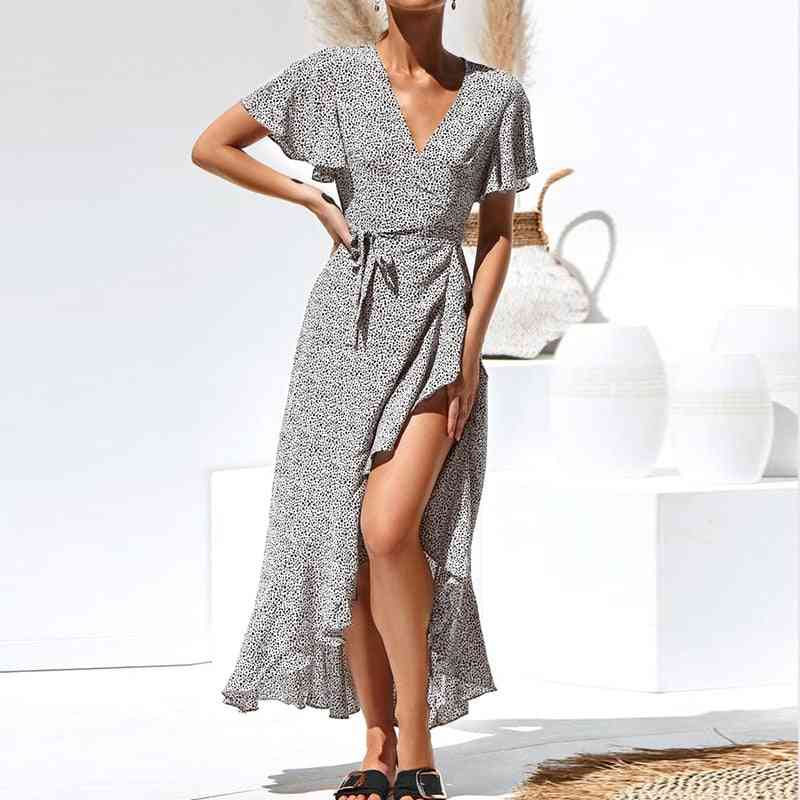 Summer Long Maxi, Casual Floral Print, Ruffle Bodycon Wrap, High Slit Party Dress