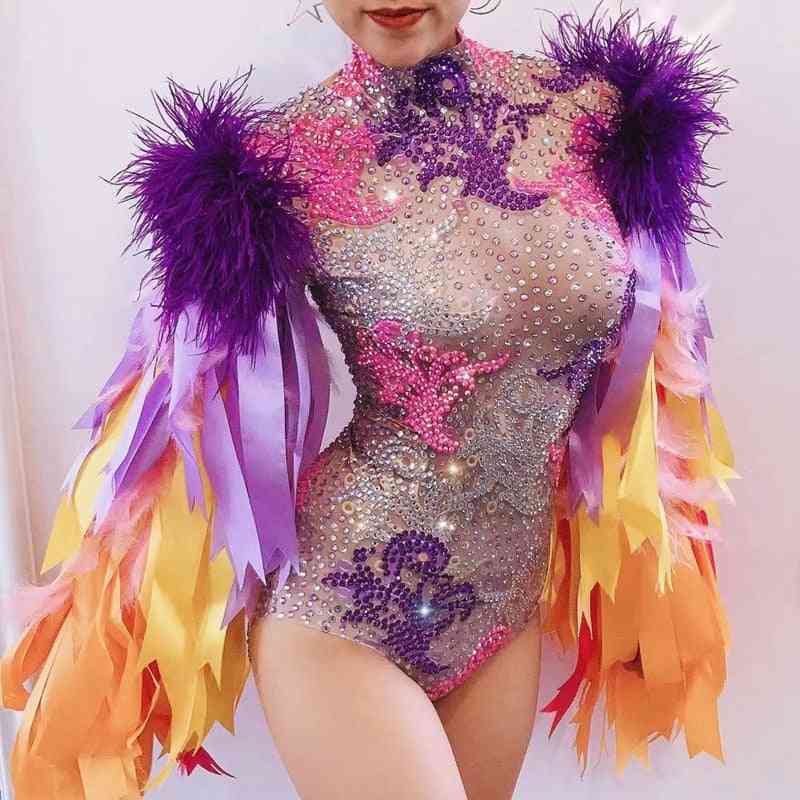 Ribbon Strip And Feather Sleeve, Rhinestone Nightclub Party Performance Costume