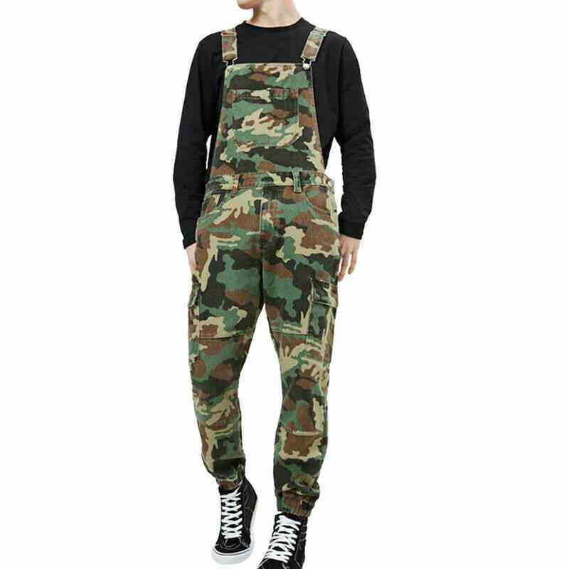 Stylish Mens Camo Dungarees, Work Overalls Bib And Brace Distressed Denim, Camouflage Combat Jumpsuit, Romper Pants, Casual Trousers