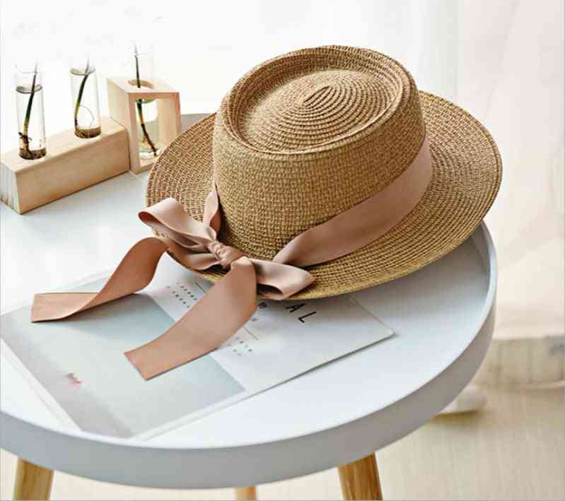 Women Fashion, Ribbon Bow, Casual Straw Flat Top Panama Hat