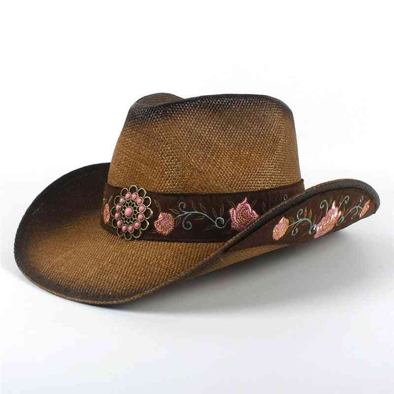 Slaměný westernový kovbojský klobouk, letní elegantní cowgirl sombrero čepice