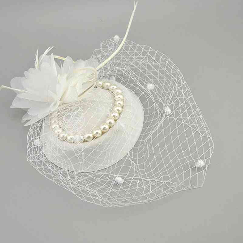 Vintage Birdcage, Net Bridal With Feather Pearl Hat