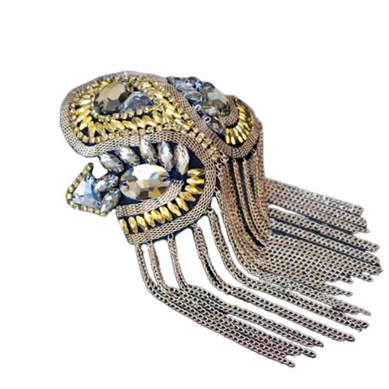 Naisten käsintehty olkapäämerkki, tekojalokivi helmillä koristeltu metallinen tupsu epauletti