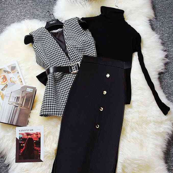 With Belt Women Clothing Set, Fashion Knitted Sweaters And Tweed Plaid Vest Elegant Skirts Suit