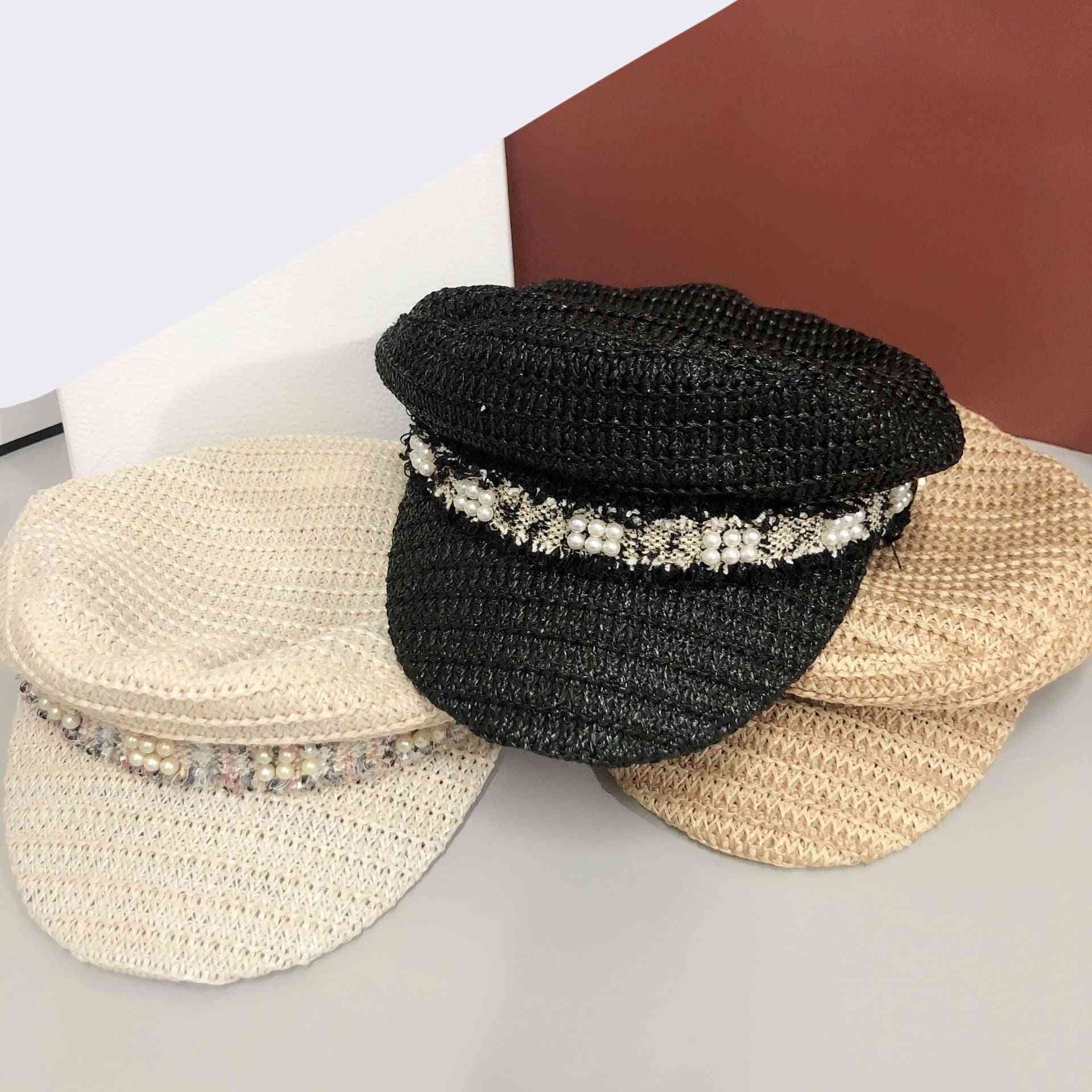 Cappello da donna per il tempo libero di strada con nastro di perle di ventilazione in tessuto di paglia, cappello con visiere per il tempo libero