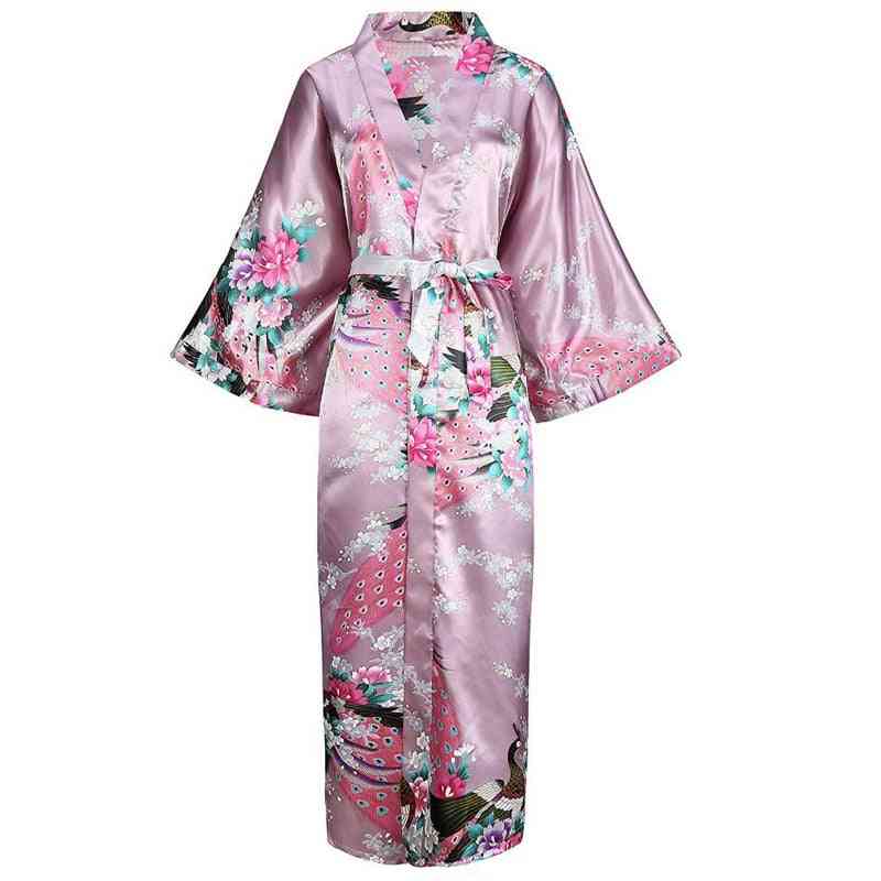 Long Style, Loose Japanese Satin, Peacock Yukata, Sleepwear Nightgown