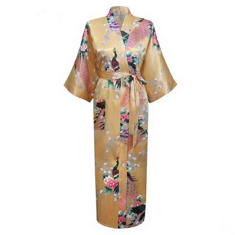 Long Style, Loose Japanese Satin, Peacock Yukata, Sleepwear Nightgown