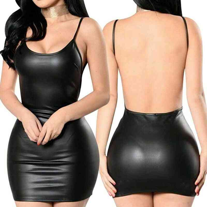 Faux Leather Backless, Club Party Short Dress, Latex Bodycon Push Up Bra Mini Micro Dresses