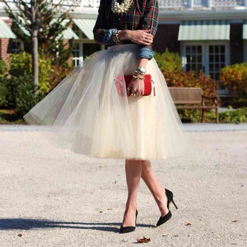 5-lagiger knielanger Tüllrock, Cosplay-Petticoat mit hoher Taille für Frauen und elastischem Gürtel