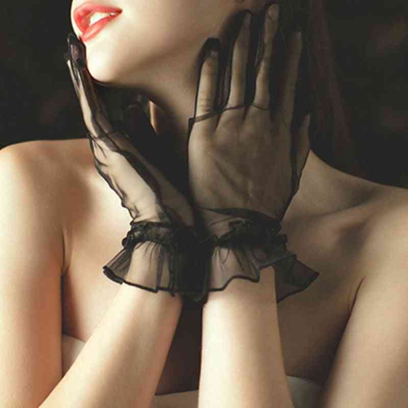 Women Short Tulle Gloves, Stretchy Lace Nylon Lotus Leaf Sheers Full Finger Glove