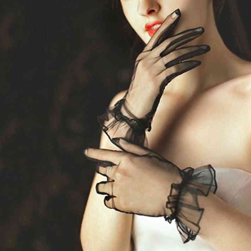 ženske kratke rokavice iz tila, raztegljive čipkaste najlonske liste lotosovega lista, polne rokavice