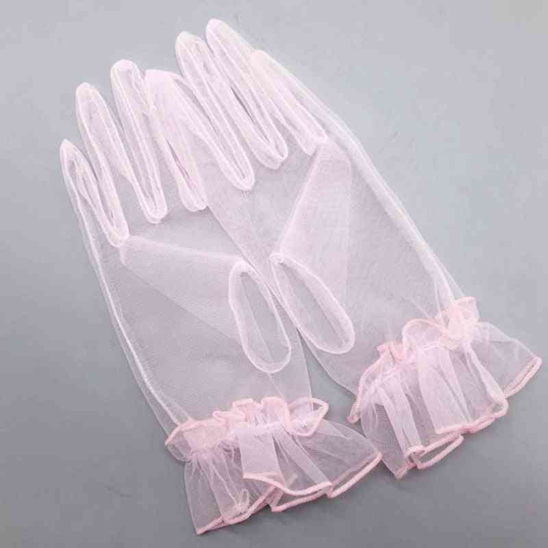 Damen kurze Tüllhandschuhe, dehnbare Spitze Nylon Lotusblatt Sheers Vollfingerhandschuh