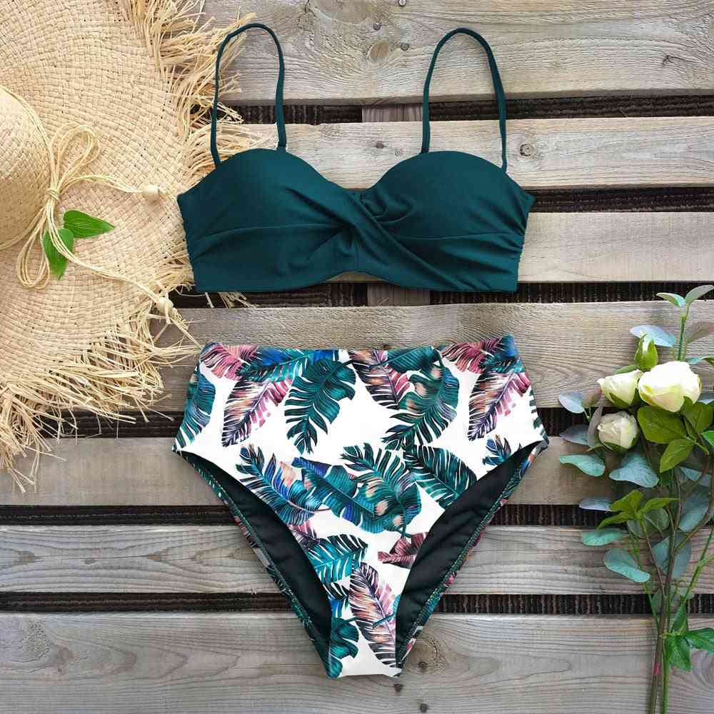 High Waist, Sexy Leaf Print Bikini, Swimsuit Thong Push Up Set 