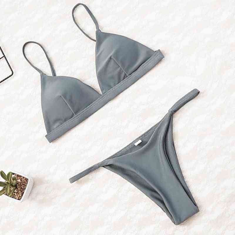 Micro Bikini Set, Push-up Swimwear Solid Beach Bathing Suit Thong