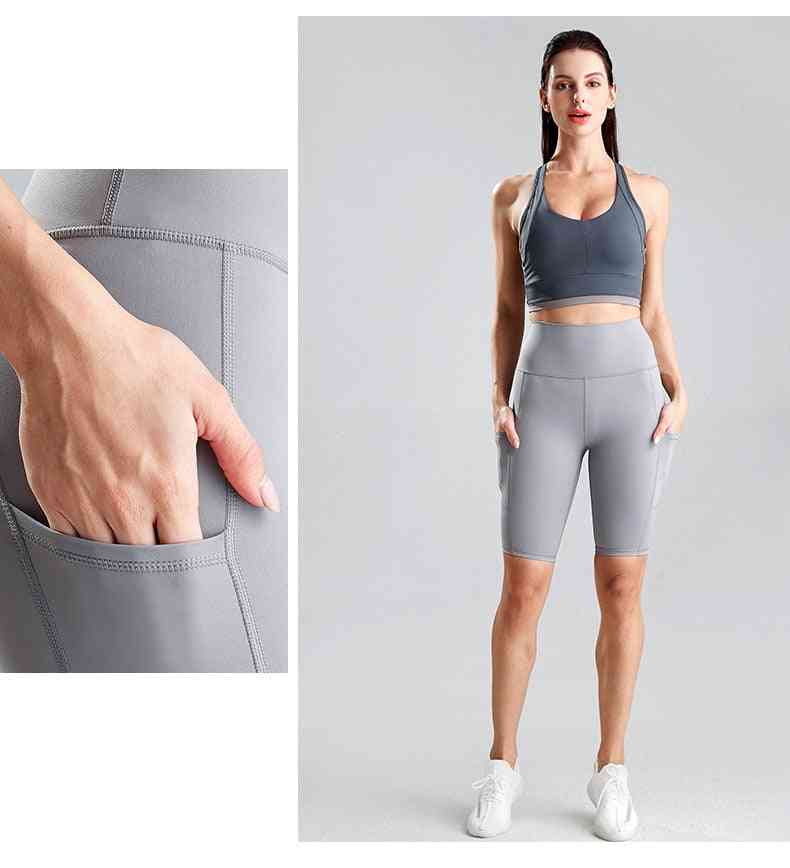 Women Cycling Running Fitness Pants, High Waist Push Up Hip Side Pocket Gym Shorts