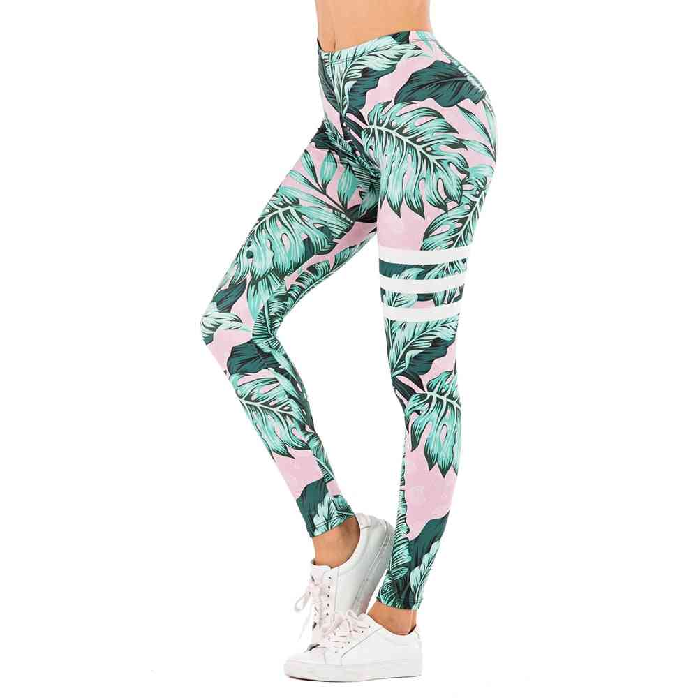 Pantalon slim femme legging impression de feuilles de fitness