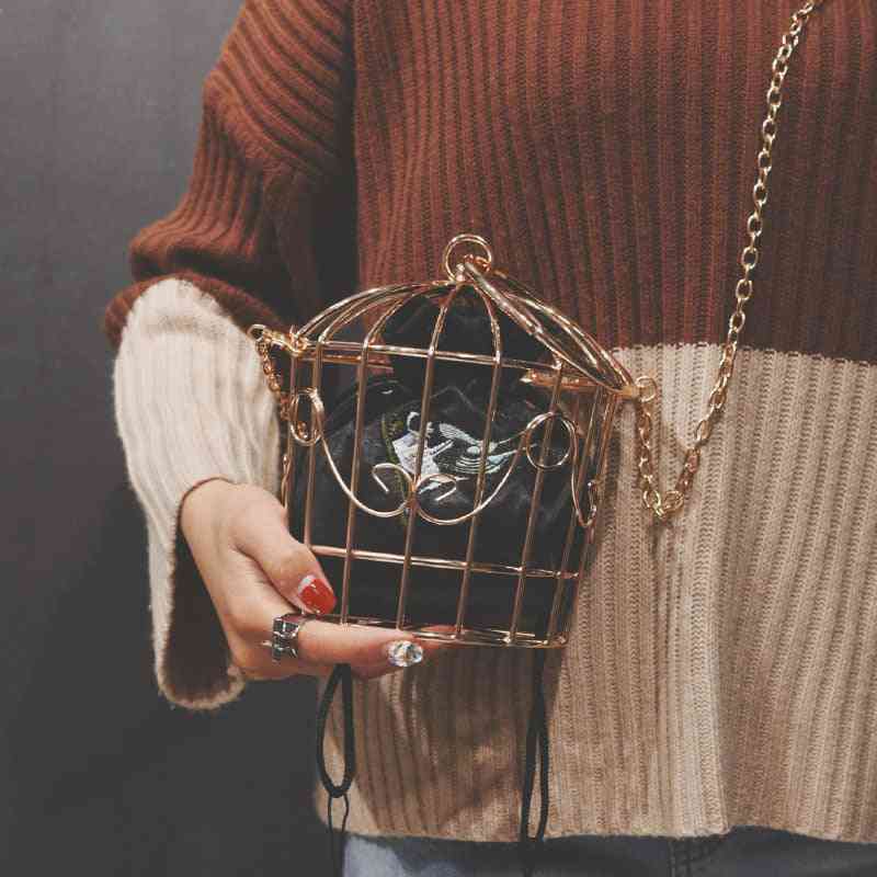 Women's Birdcage Evening Bag, Clutch, Metal Frame Embroidery Bucket Bird Cage Mini Bag