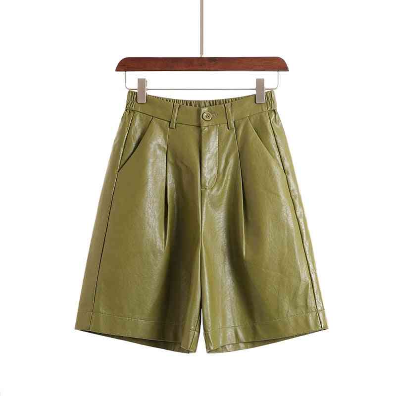 Autumn/winter- Leather Bermuda Elastic Waist, Loose Five-points, Trouser Shorts