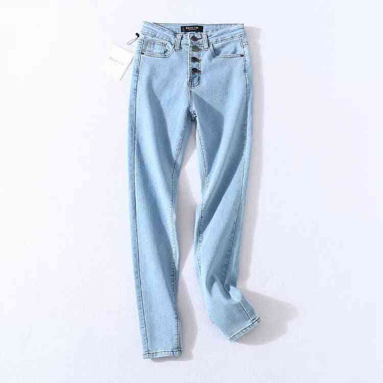 Skinny Four Buttons High Waist Pencil Jeans, Women Slim Fit Stretch Tight Trousers
