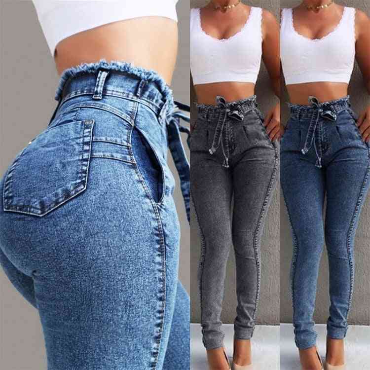 Damen Slim Stretch, figurbetonte Quaste Gürtel Bandage Jeans