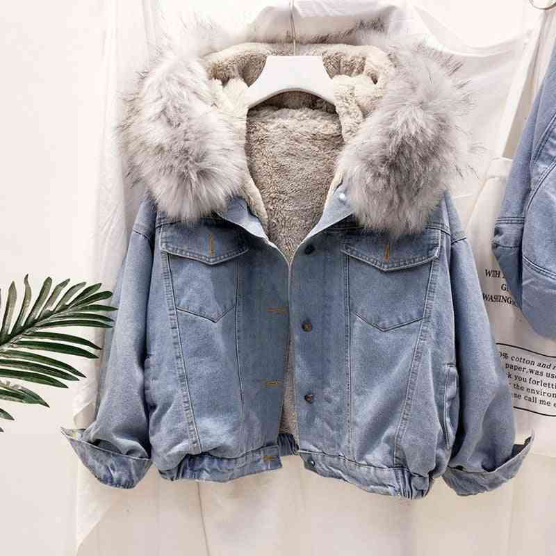 Sametová tlustá džínová bunda, dámská zimní velká krátká kabát s límcem z umělé kožešiny