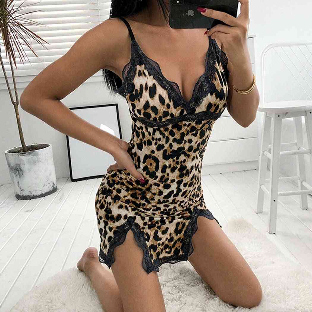 Summer- Leopard Printed, Lace Lingerie, V-neck Strap, Night Gown