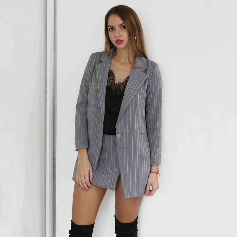 Fashion Women Skirt Suits & One Button Notched Striped Blazer / Jackets