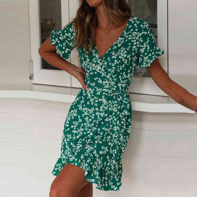 Summer Sexy V Neck Floral Print Boho Beach Dress Ruffle Short Sleeve A-line Mini Dress