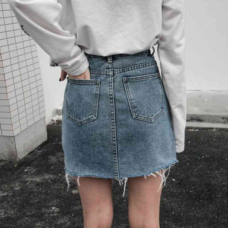 Summer Casual- High Waist With Pockets Button, Pencil Denim, Jeans Skirt