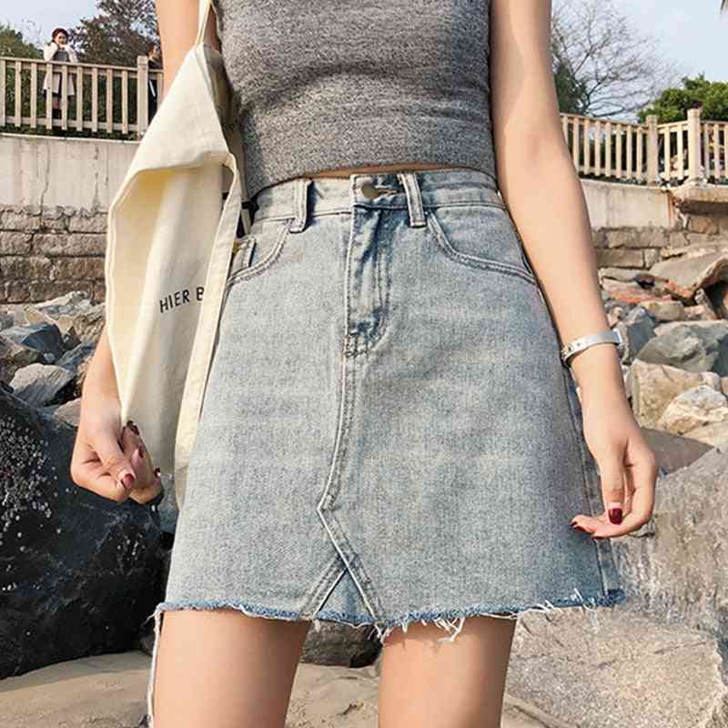 Summer Casual- High Waist With Pockets Button, Pencil Denim, Jeans Skirt