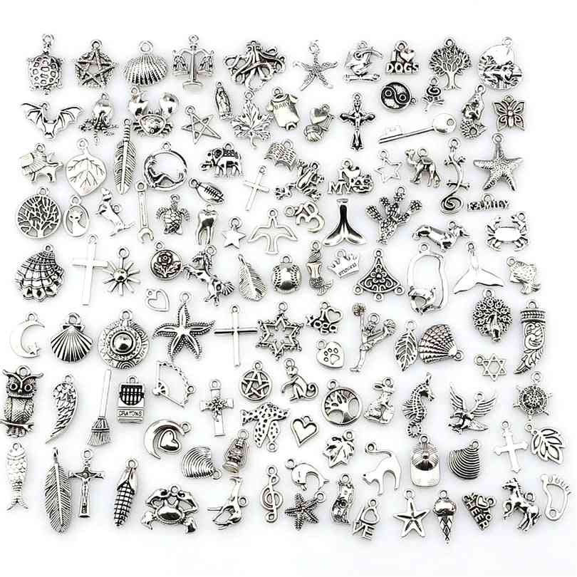 120pcs Mixed Antique Silver European Bracelets Charm Pendants