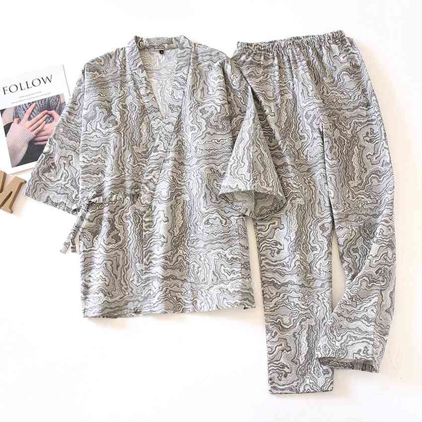 Japanske traditionelle pyjamas, bølgetryk med v-udskæring, løstsæt nattøjsbukser